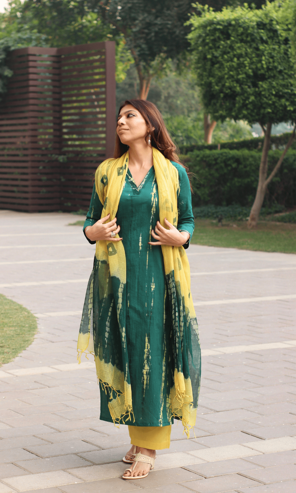 Cotton Green & Yellow Tie & Dye Suit with Kota Doria Dupatta - Baareeki