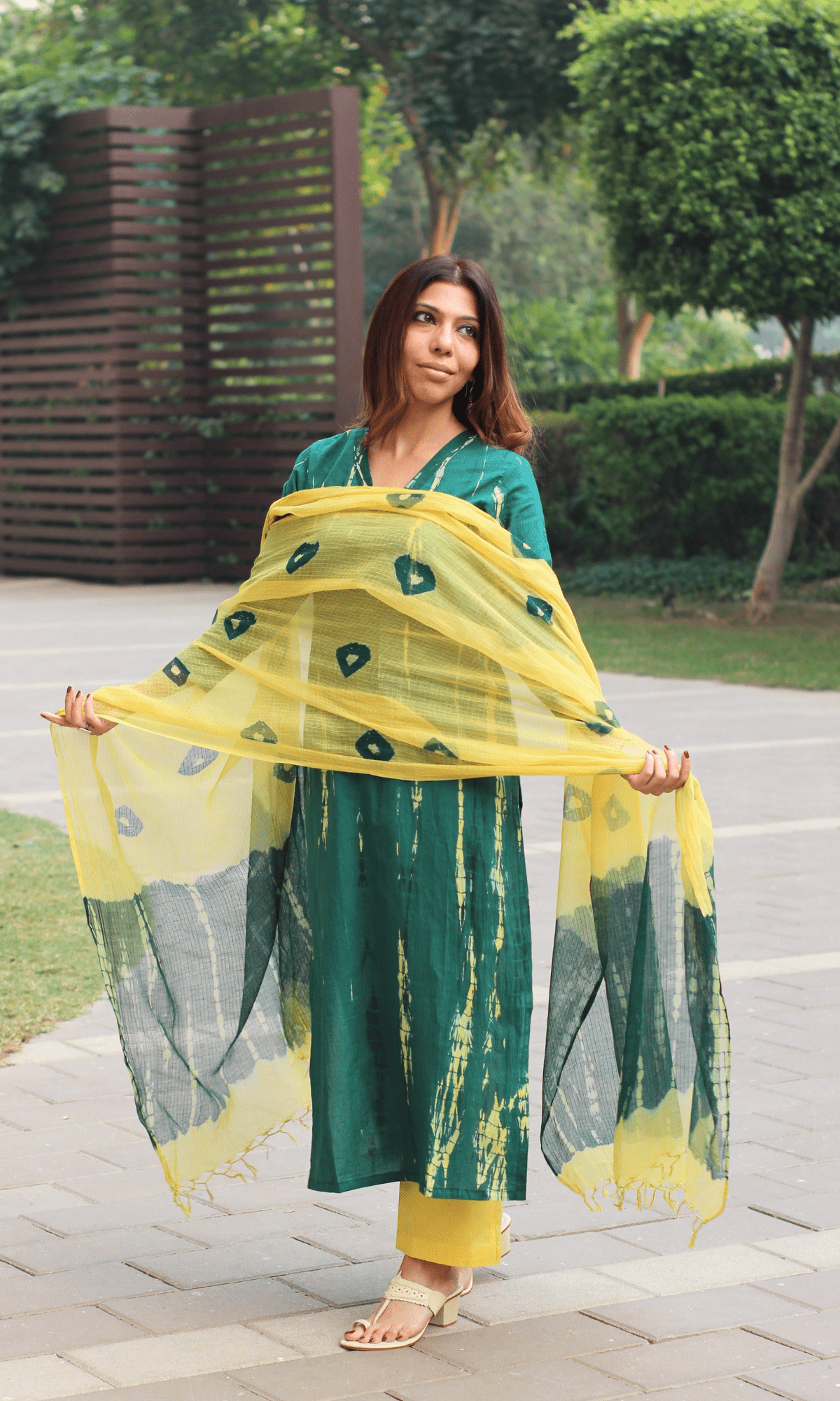 Cotton Green & Yellow Tie & Dye Suit with Kota Doria Dupatta - Baareeki