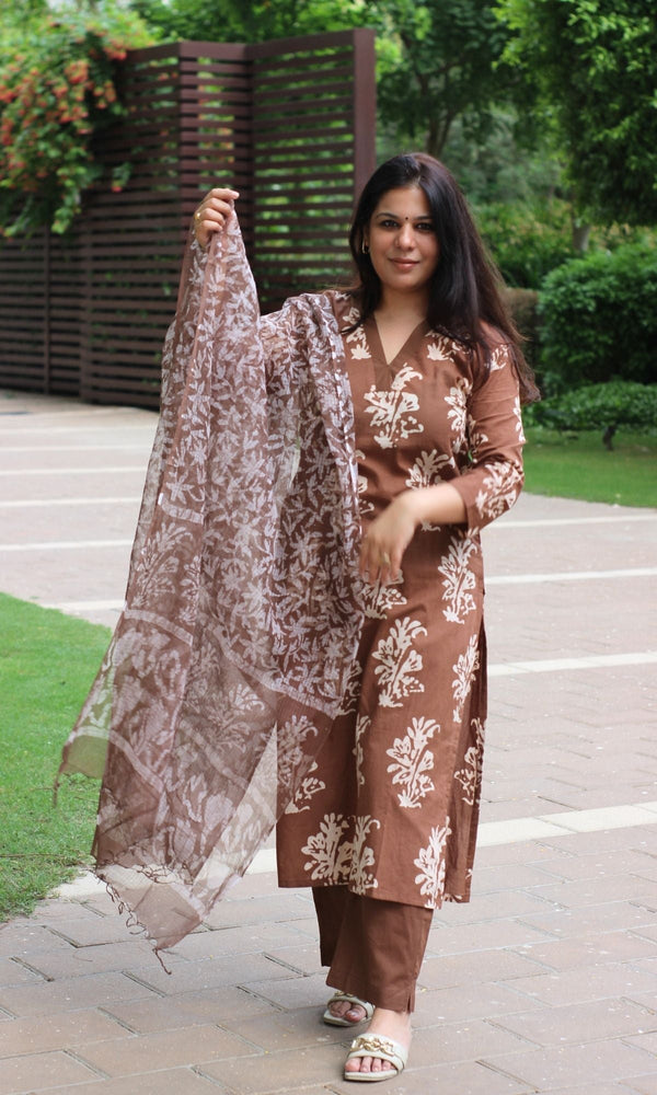 Cotton Handblock Brown Batik Print Suit with Kota Doria Dupatta - Baareeki