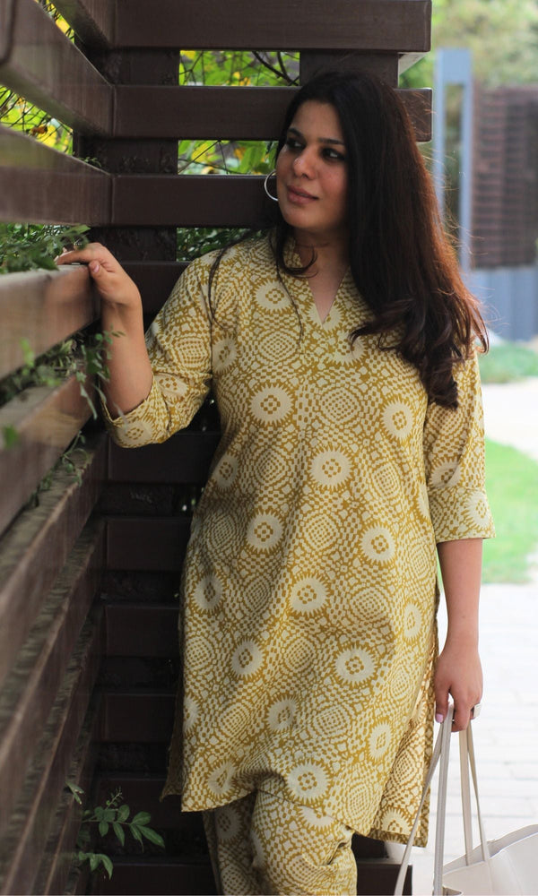 Cotton Handblock Collared Overlapping V Neck Mustard Coord - Baareeki