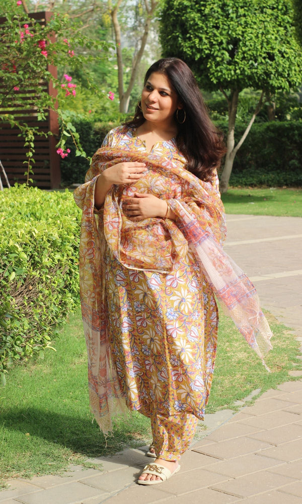 Cotton Handblock Deep Yellow Suit Set with Printed Kota Dupatta - Baareeki