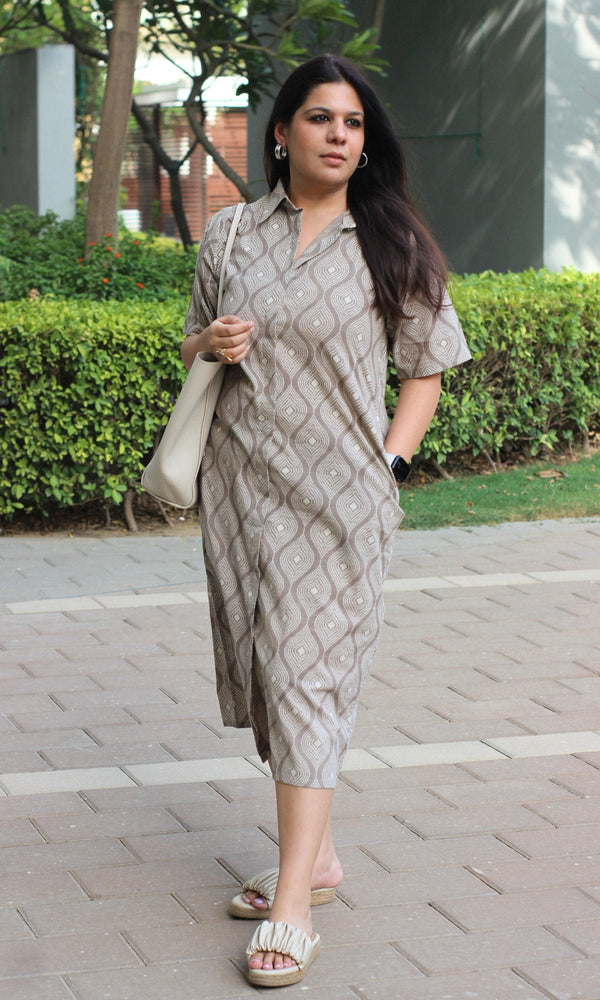 Cotton Handblock Earthy Print Shirt Dress - Baareeki