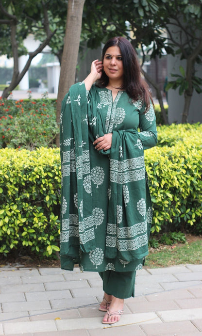 Cotton Handblock Green Mughal Oak Print Suit with Cotton Handblock Printed Dupatta - Baareeki