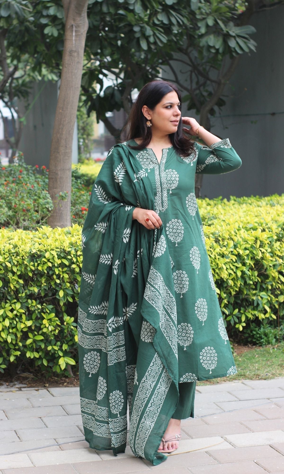 Cotton Handblock Green Mughal Oak Print Suit with Cotton Handblock Printed Dupatta - Baareeki