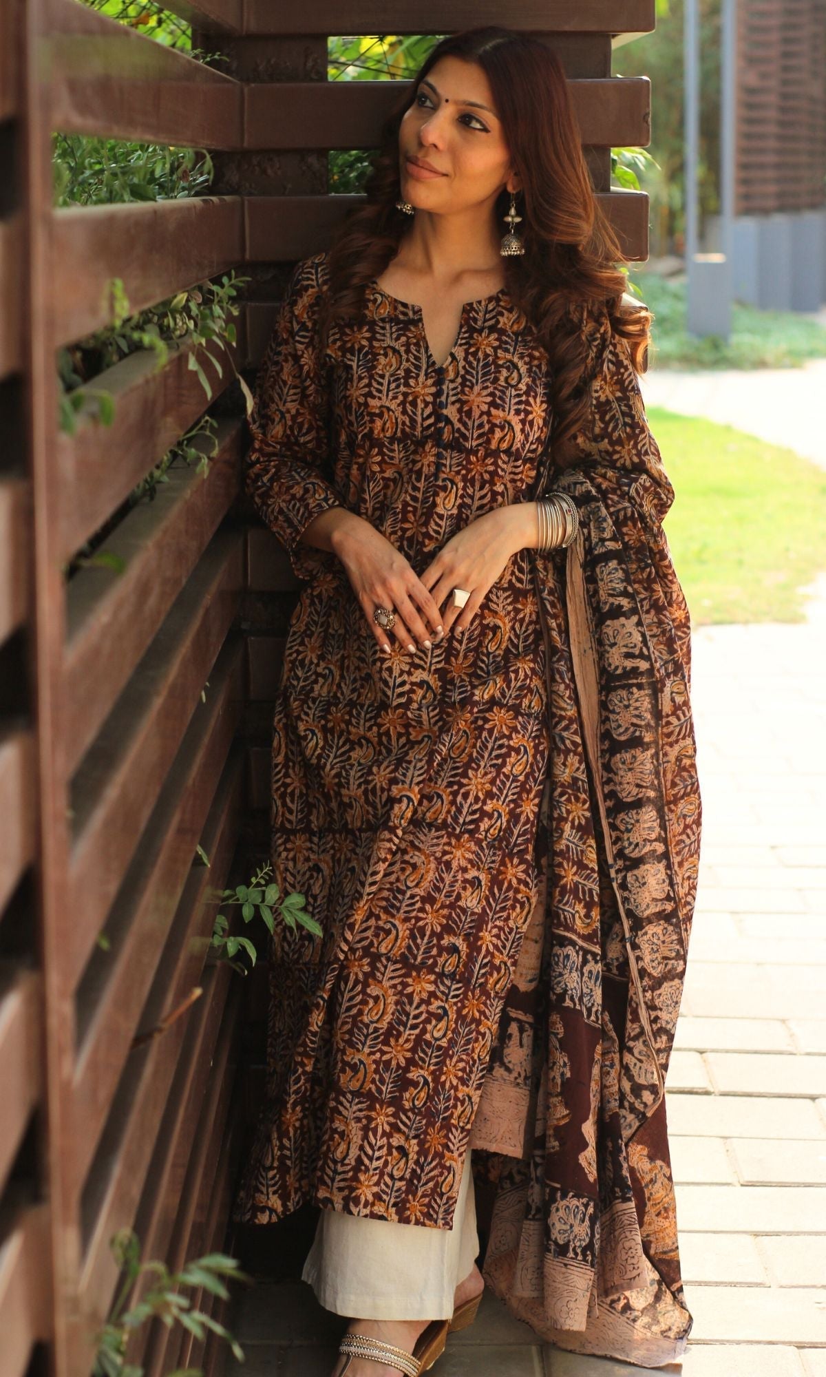 Cotton Handblock Kalamkari Brown Kurta and Dupatta - Baareeki