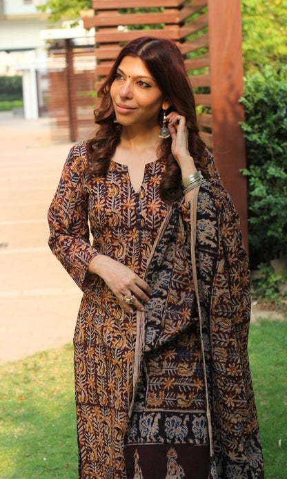 Cotton Handblock Kalamkari Brown Kurta and Dupatta - Baareeki