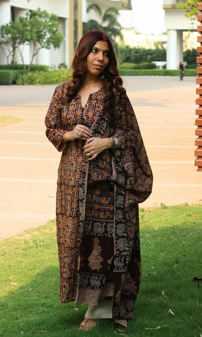 Cotton Handblock Kalamkari Brown Kurta and Dupatta - Baareeki