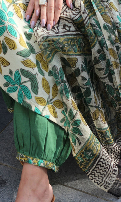 Cotton Handblock Kalamkari Kurta and Afghani Pants with Printed Kota Doria Dupatta - Baareeki