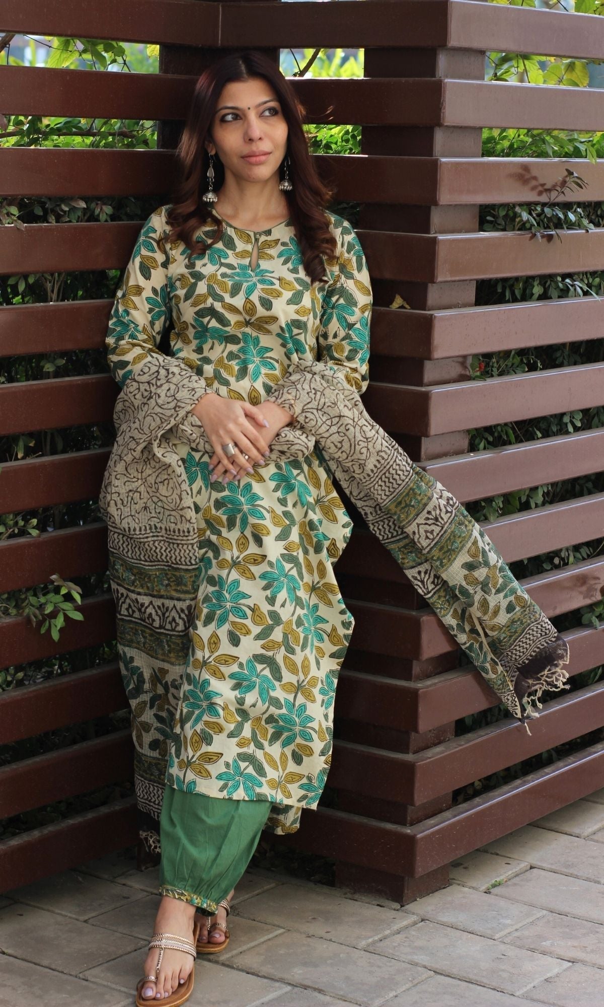 Cotton Handblock Kalamkari Kurta and Afghani Pants with Printed Kota Doria Dupatta - Baareeki