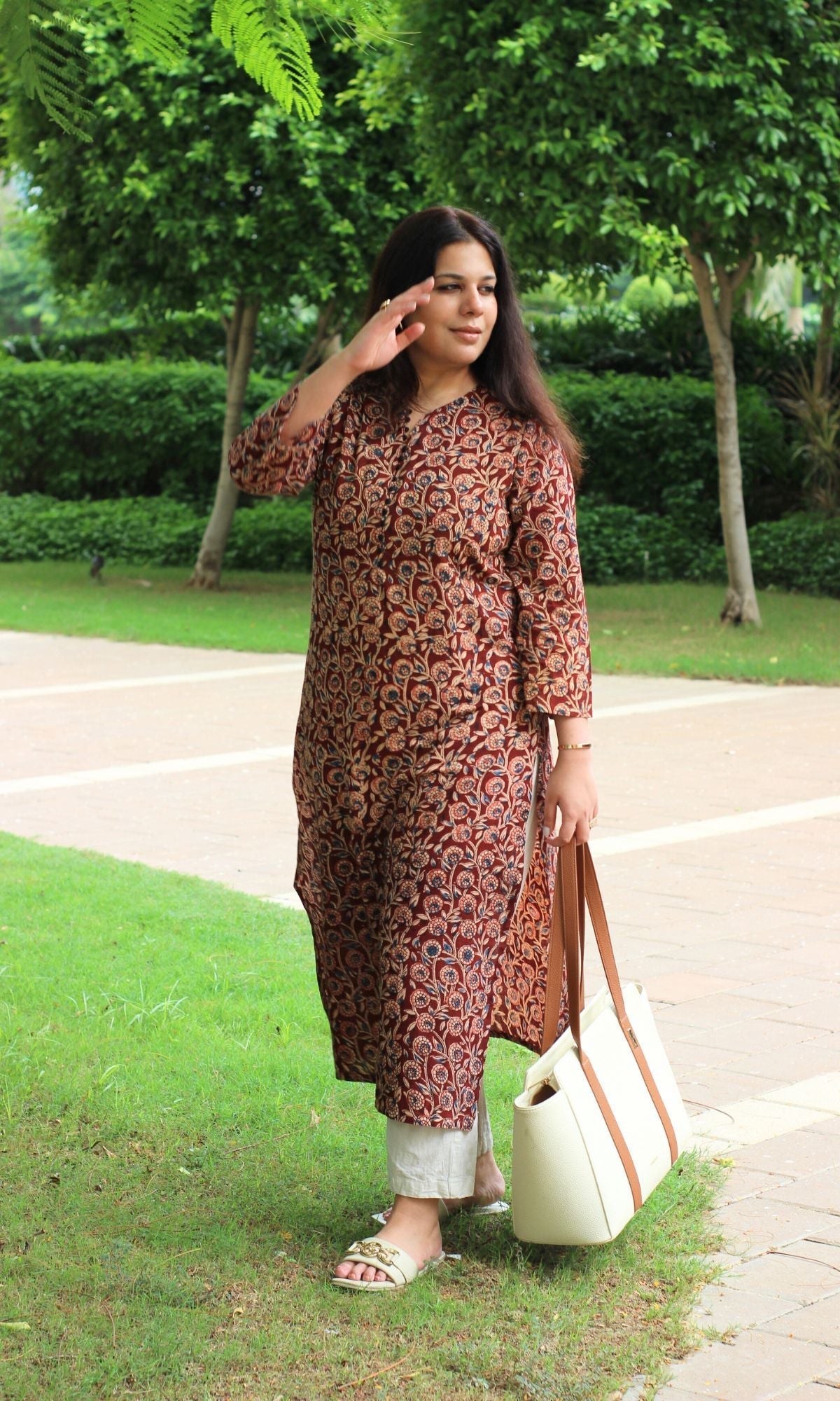 Cotton Handblock Kalamkari Maroon Straight Fit Kurta - Baareeki