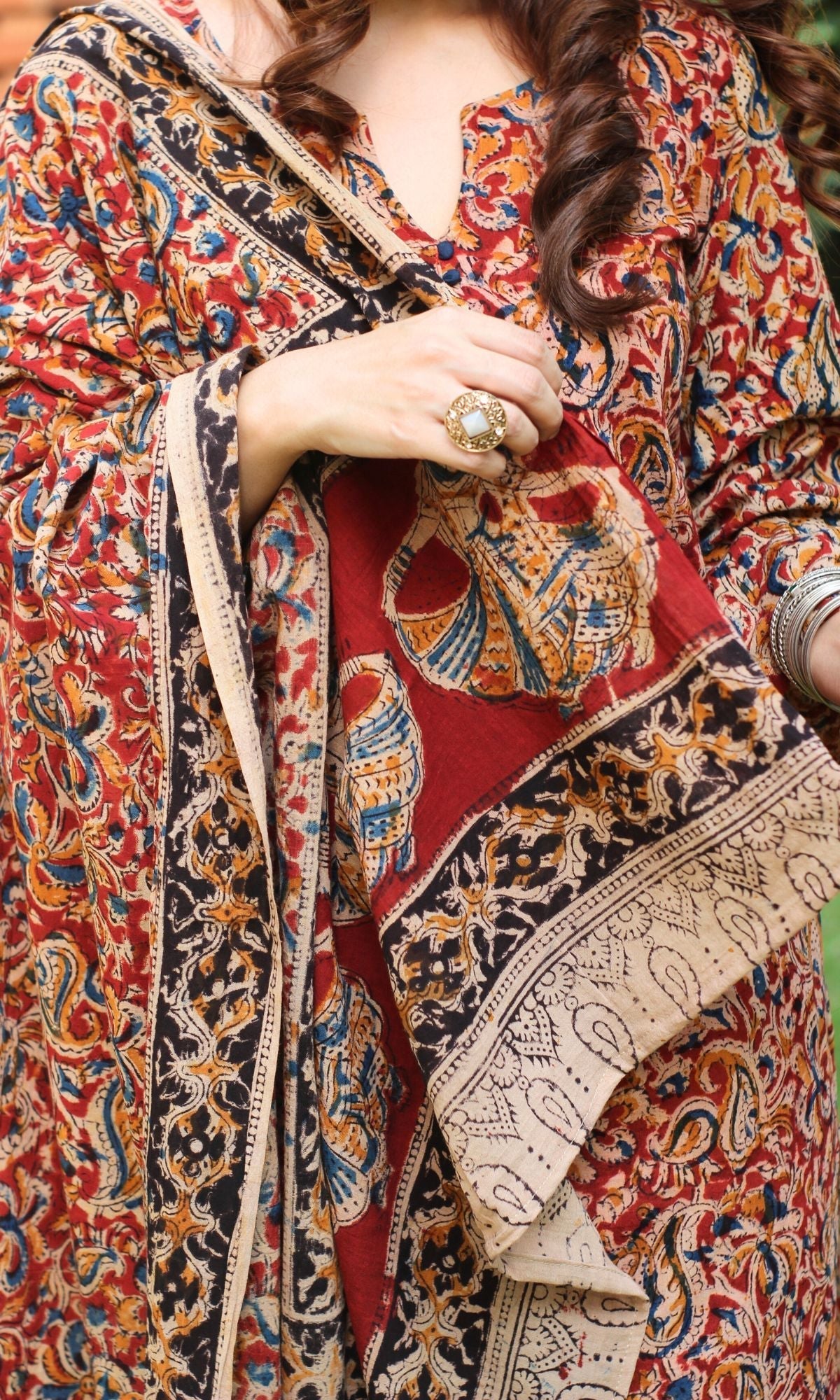 Cotton Handblock Kalamkari Red Nritya Kurta and Dupatta - Baareeki