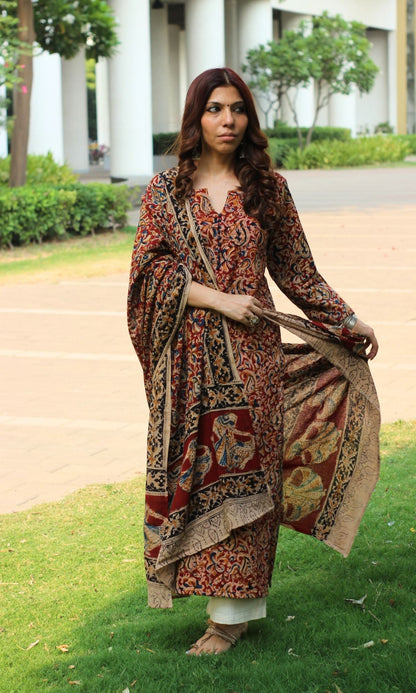 Cotton Handblock Kalamkari Red Nritya Kurta and Dupatta - Baareeki