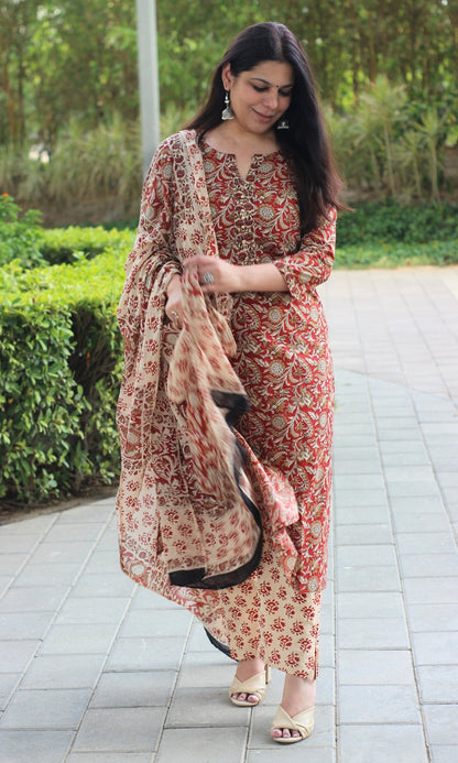 Cotton Handblock Kalamkari Red Suit Set with Cotton Kalamkari Dupatta - Baareeki