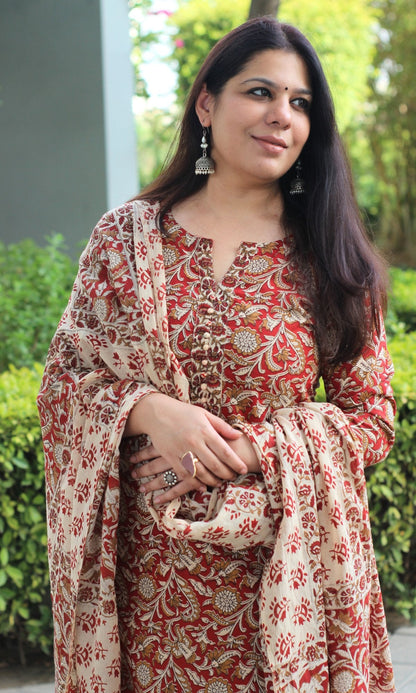 Cotton Handblock Kalamkari Red Suit Set with Cotton Kalamkari Dupatta - Baareeki