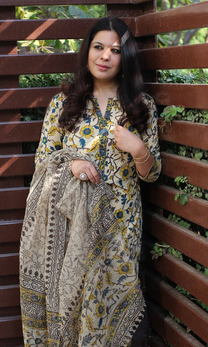 Cotton Handblock Kalamkari Suit Set with Printed Kota Doria Dupatta - Baareeki