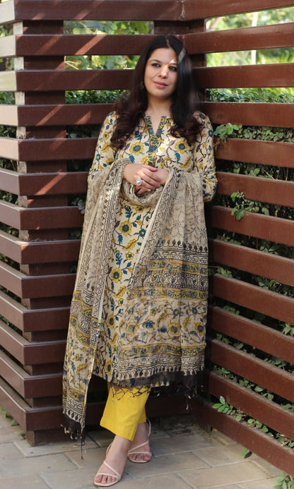 Cotton Handblock Kalamkari Suit Set with Printed Kota Doria Dupatta - Baareeki