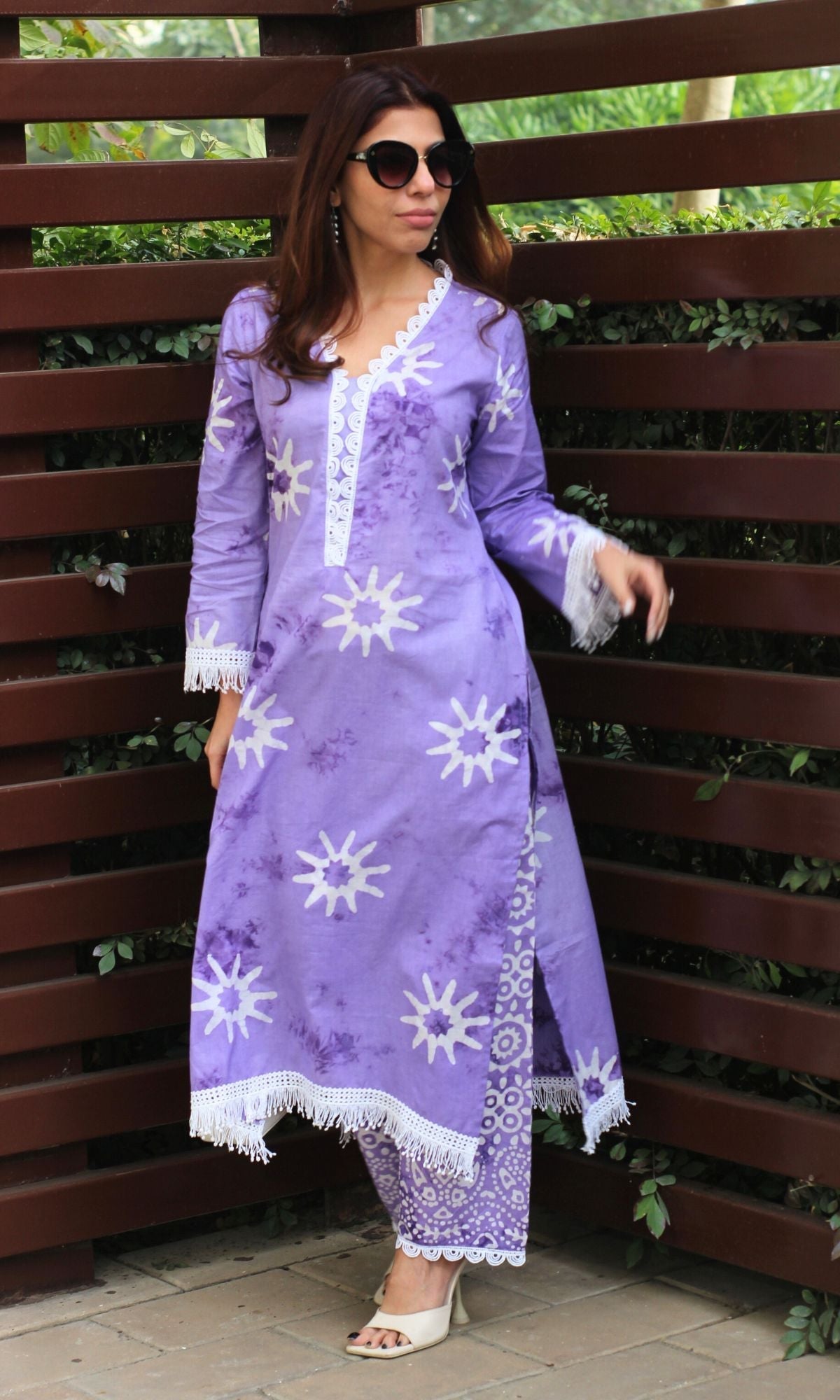 Cotton Handblock Lavender Batik Print Lace Style Coord Set - Baareeki