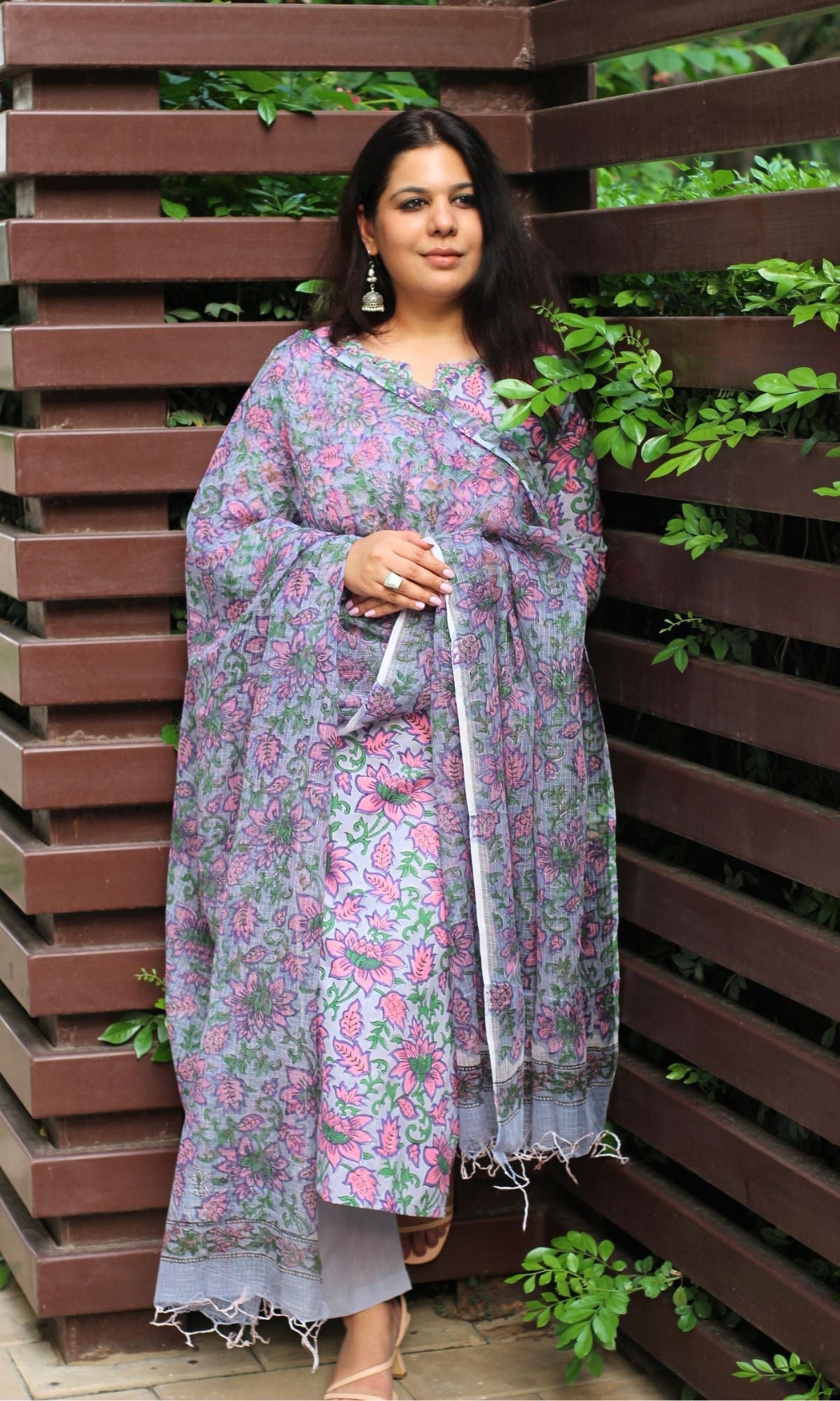 Cotton Handblock Lavender Suit Set with Kota Doria Printed Dupatta - Baareeki