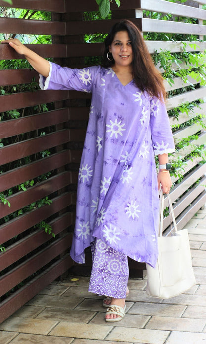 Cotton Handblock Lavender Sunflower High Low Coord Set - Baareeki