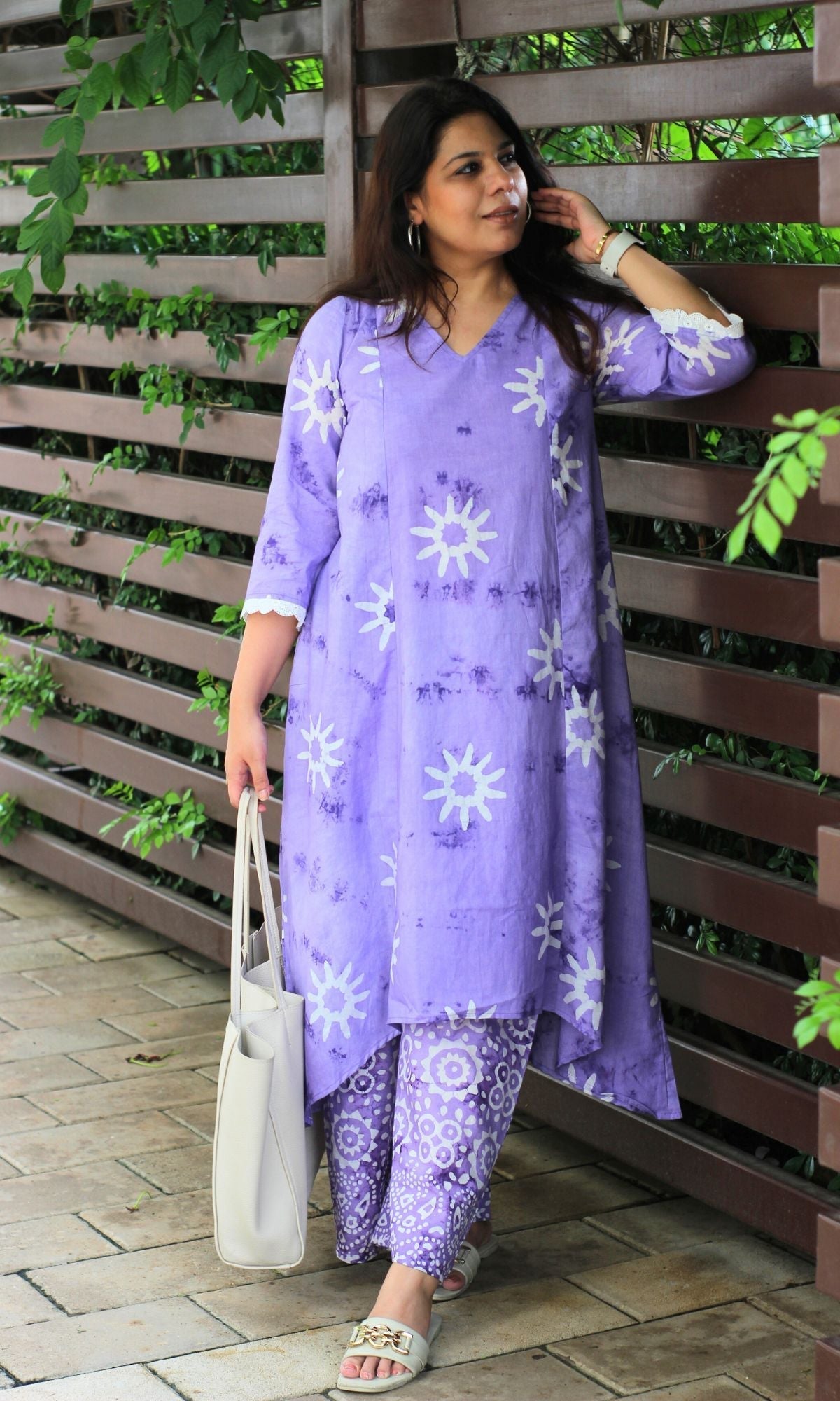 Cotton Handblock Lavender Sunflower High Low Coord Set - Baareeki