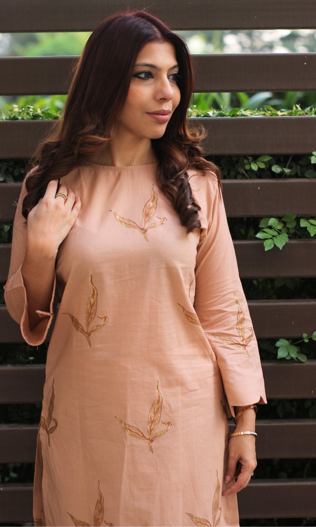 Cotton Handblock Nude and Gold Coord Set - Baareeki