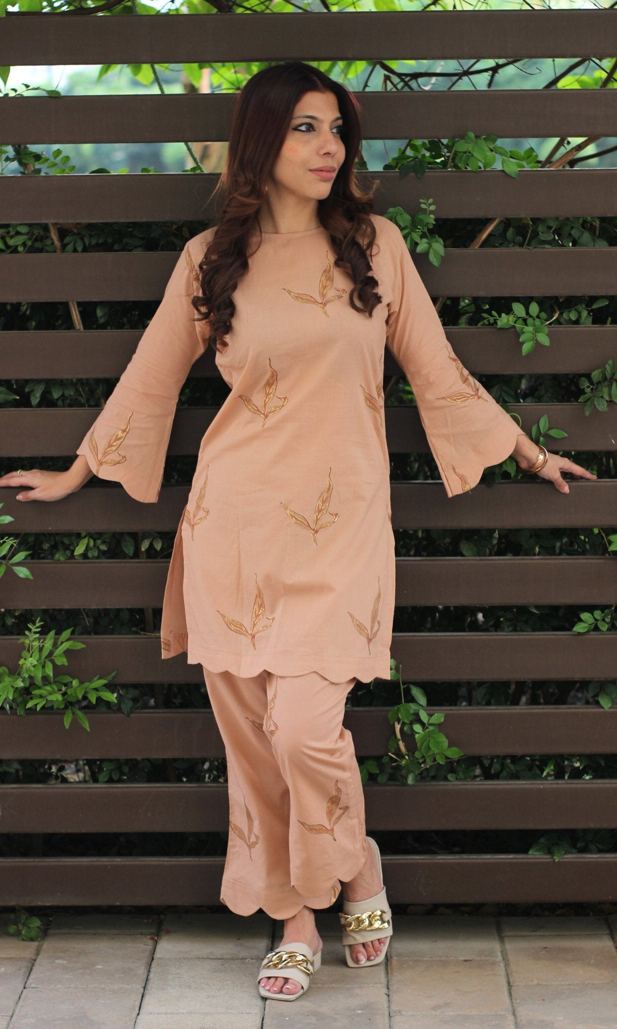 Cotton Handblock Nude and Gold Coord Set - Baareeki