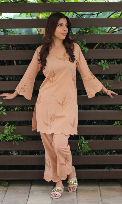 Cotton Handblock Nude and Gold Coord Set - Baareeki