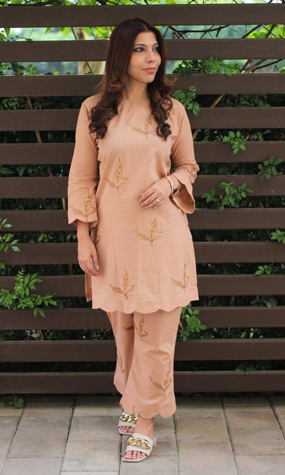 Cotton Handblock Nude and Gold Coord Set - Baareeki