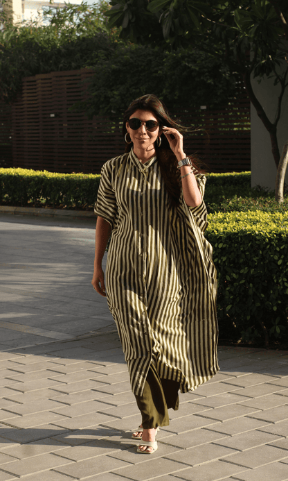 Cotton Handblock Olive Green Striped Kaftan Co - ord - Baareeki