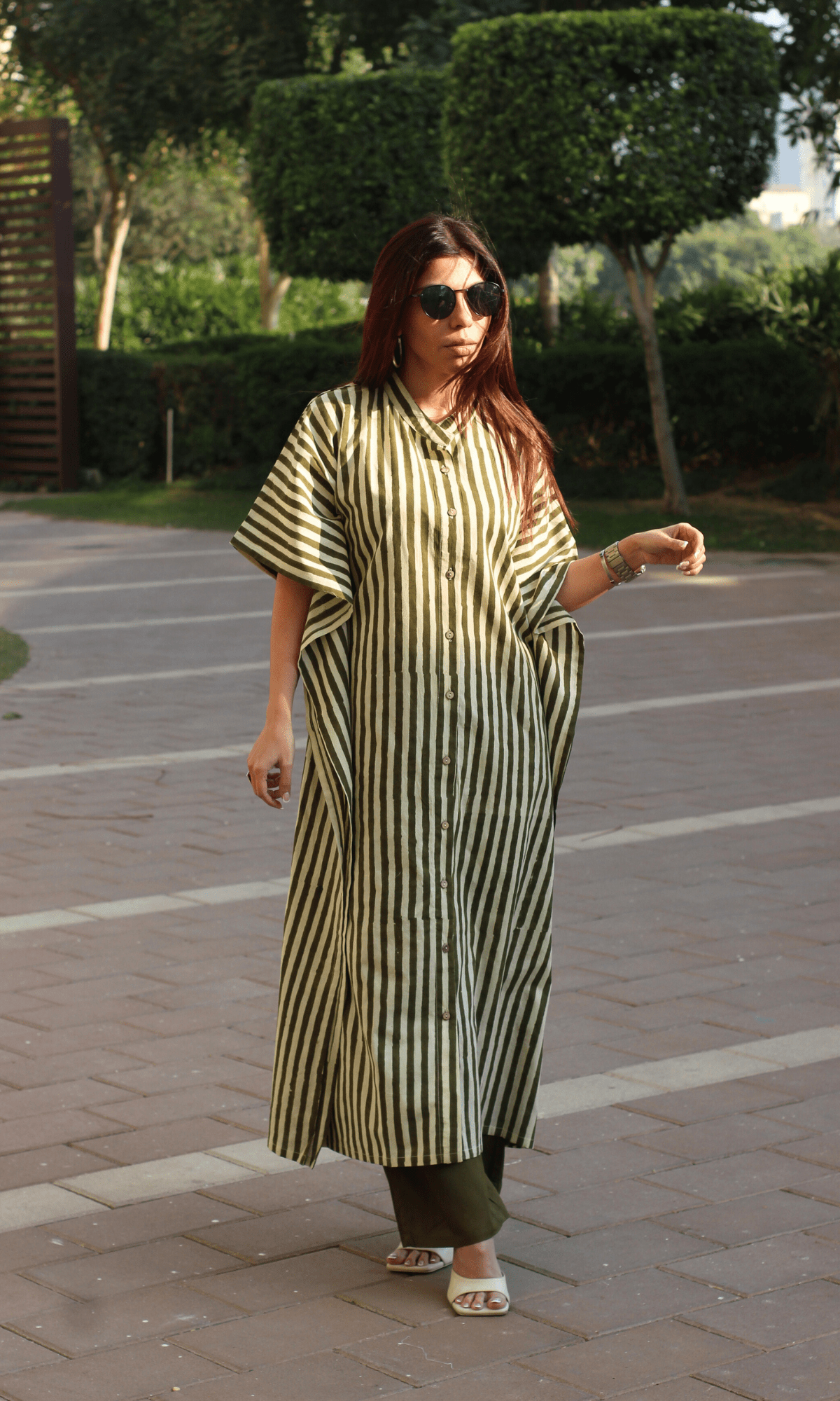 Cotton Handblock Olive Green Striped Kaftan Co - ord - Baareeki