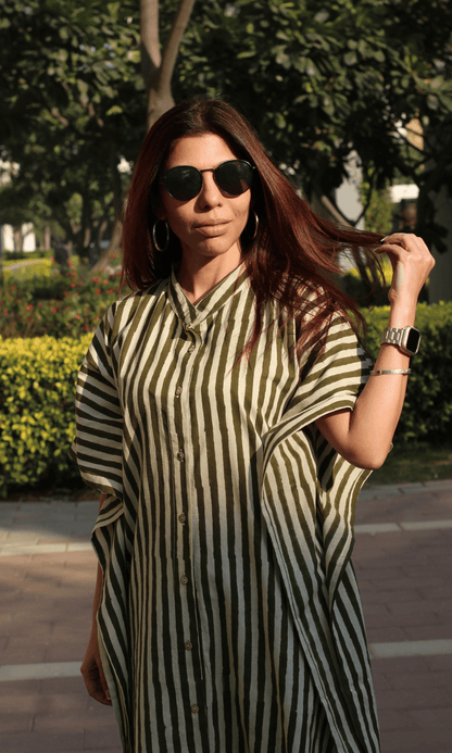 Cotton Handblock Olive Green Striped Kaftan Co - ord - Baareeki