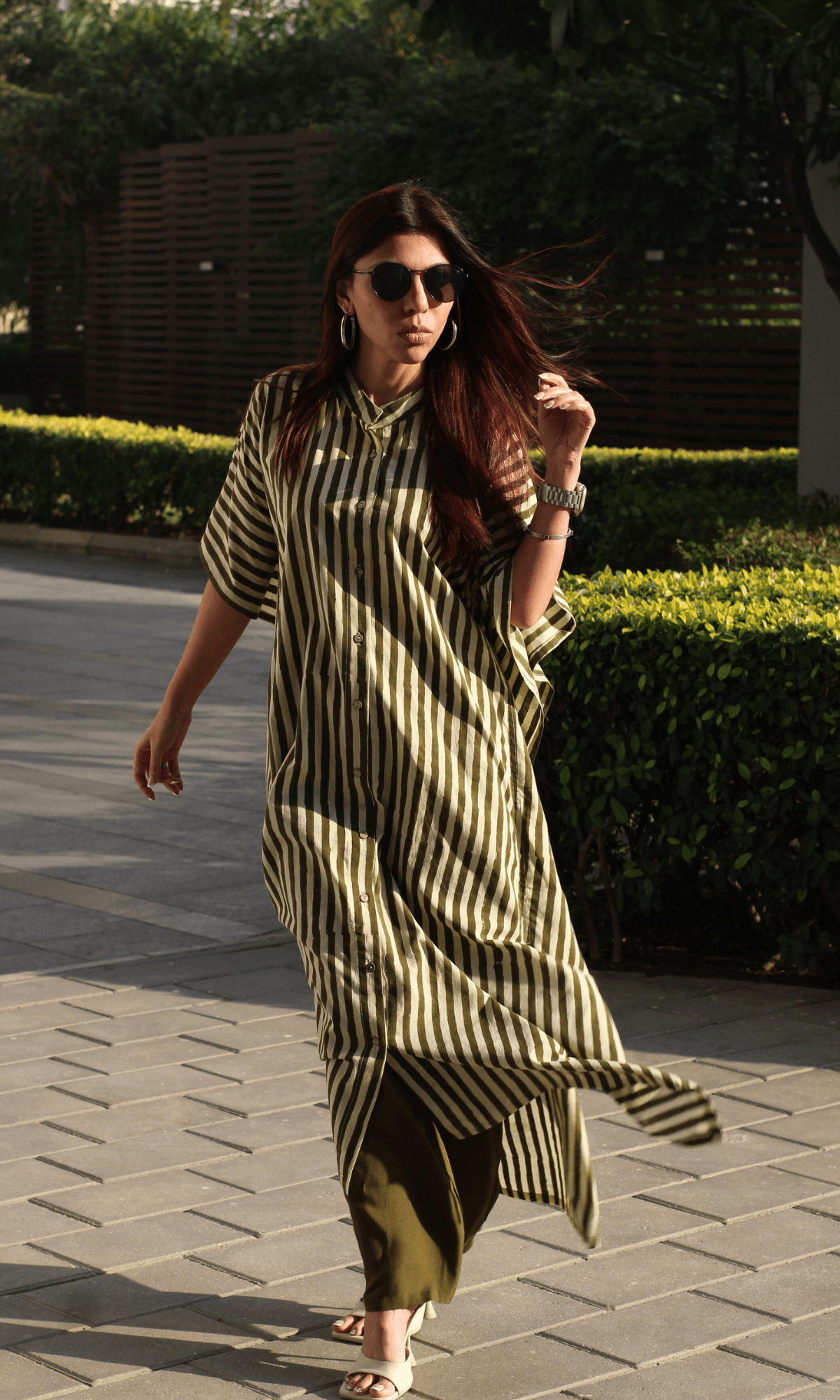 Cotton Handblock Olive Green Striped Kaftan Co - ord - Baareeki