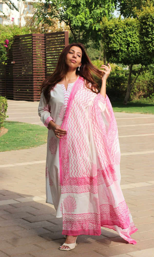 Cotton Handblock Pine White & Pink Suit Set with Cotton Dupatta - Baareeki