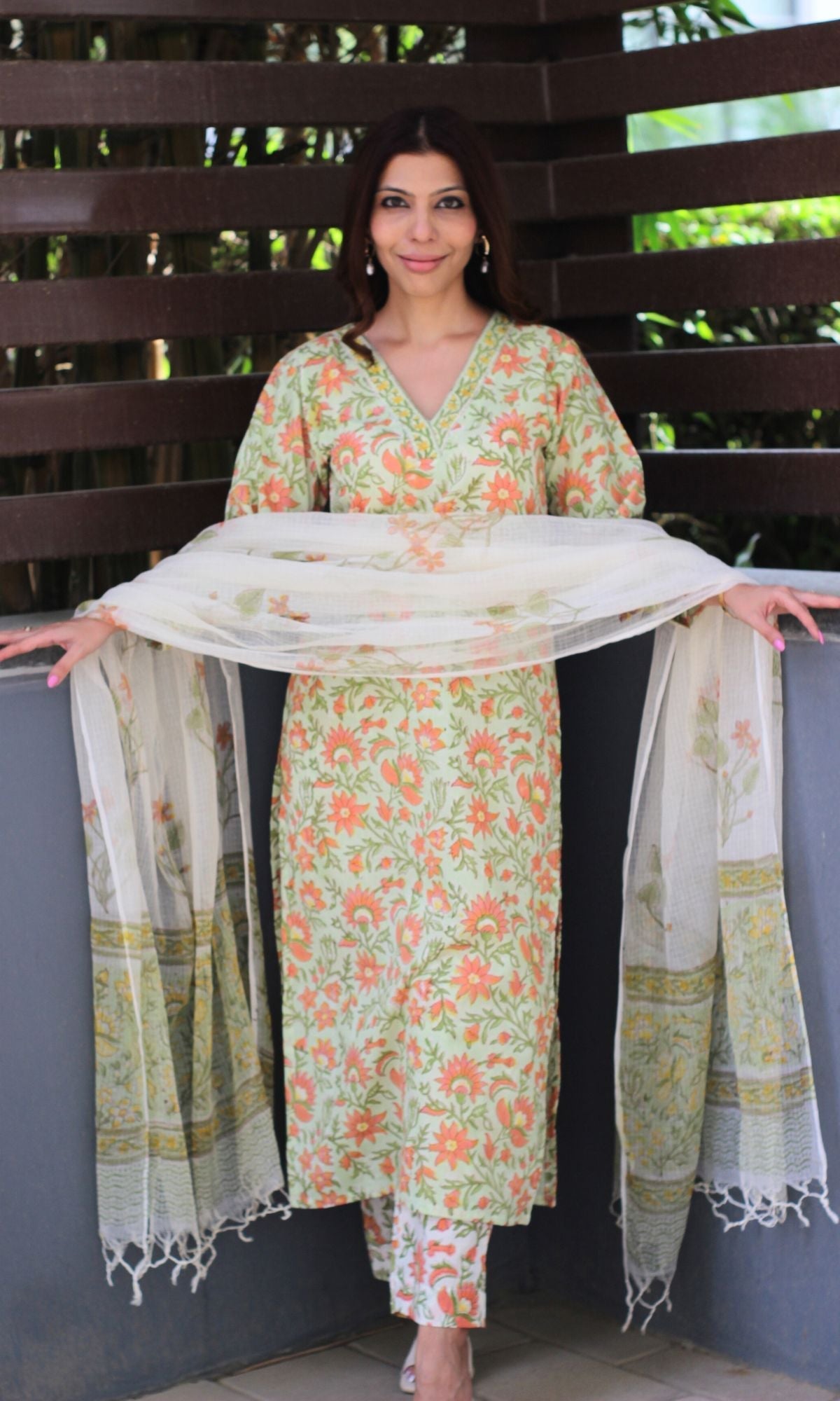 Cotton Handblock Print Green & Peach Suit with Kota Doria Handblock dupatta - Baareeki