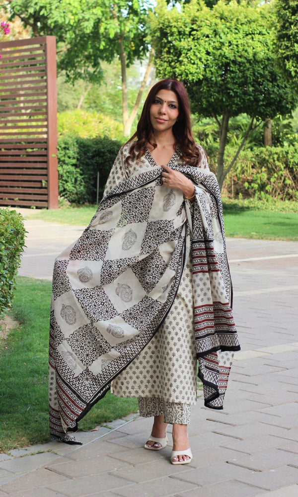 Cotton Handblock Print Off White & Black Suit Set with Mul Handblock Dupatta - Baareeki