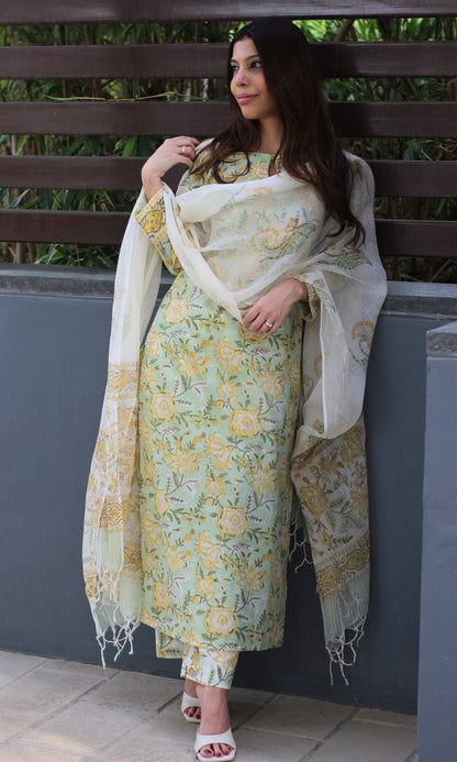 Cotton Handblock Print Soft Green Suit with Kota Doria Handblock dupatta - Baareeki