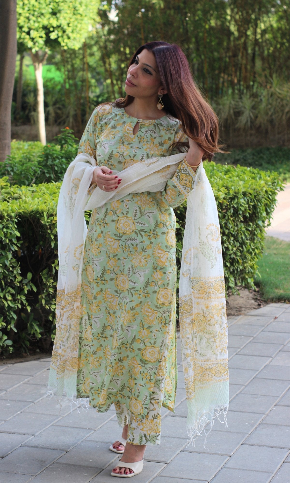 Cotton Handblock Print Soft Green Suit with Kota Doria Handblock dupatta - Baareeki