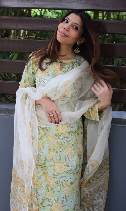 Cotton Handblock Print Soft Green Suit with Kota Doria Handblock dupatta - Baareeki