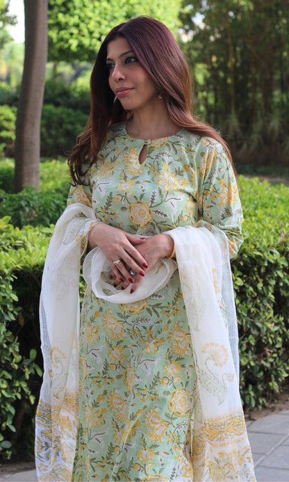 Cotton Handblock Print Soft Green Suit with Kota Doria Handblock dupatta - Baareeki