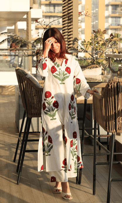 Cotton Handblock White & Red Mughal Print Co - ord Set - Baareeki