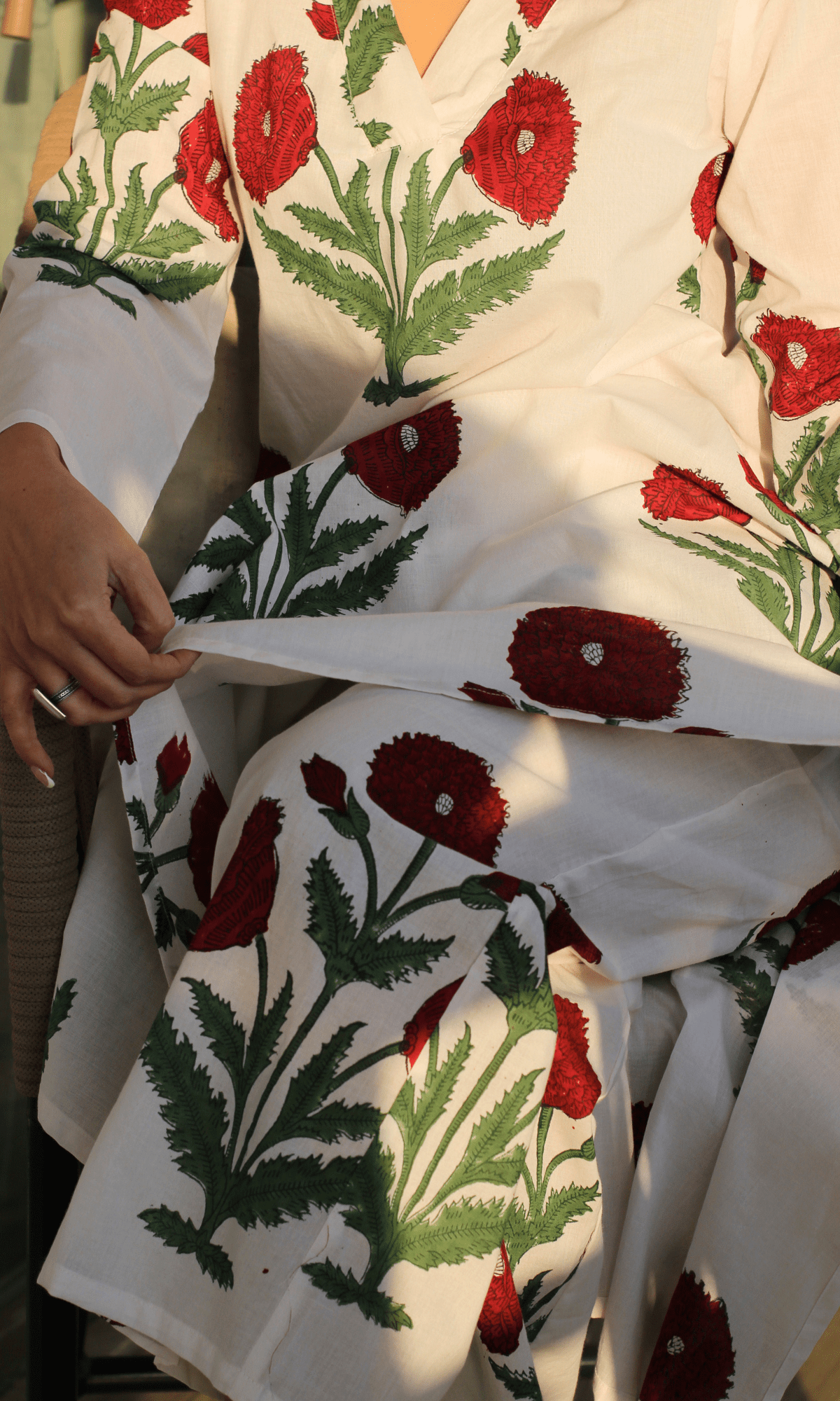 Cotton Handblock White & Red Mughal Print Co - ord Set - Baareeki