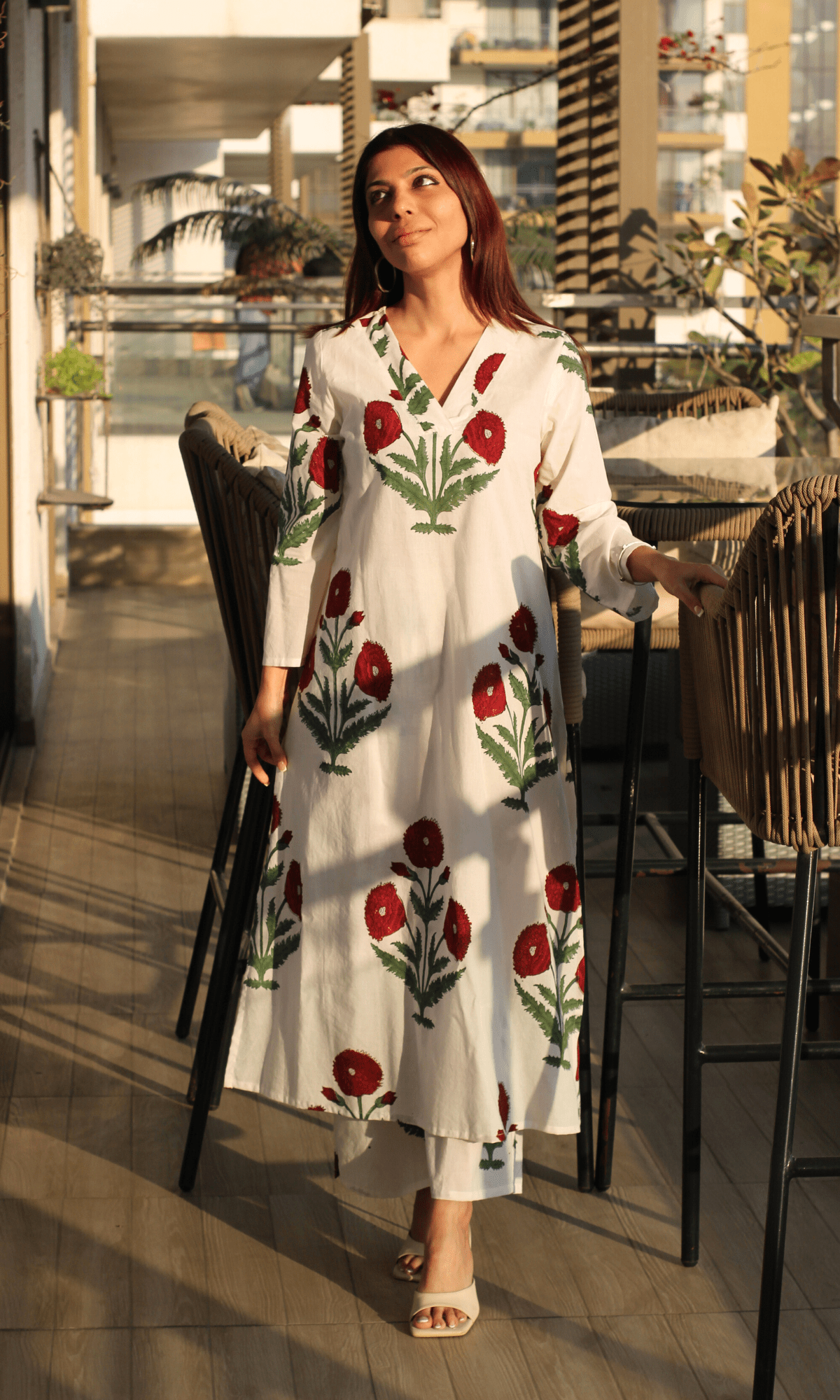 Cotton Handblock White & Red Mughal Print Co - ord Set - Baareeki