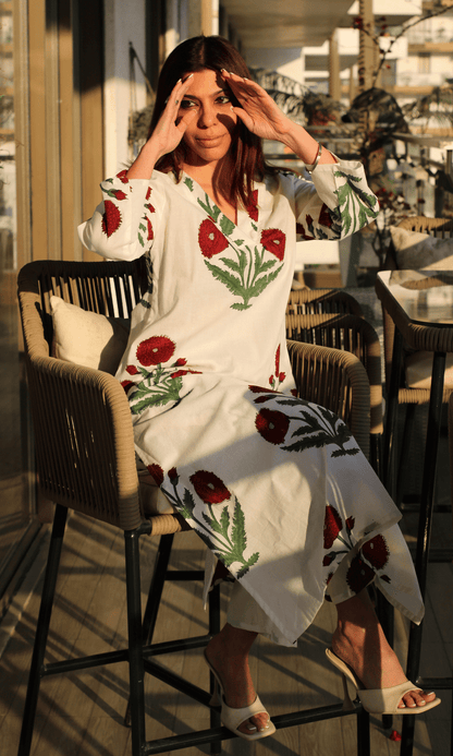 Cotton Handblock White & Red Mughal Print Co - ord Set - Baareeki