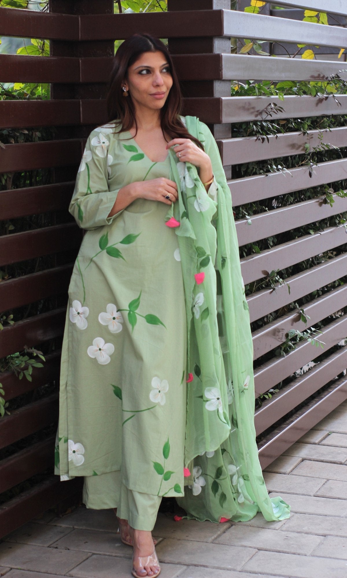 Cotton Handbrush Green Suit Set with Handbrush Chiffon Dupatta - Baareeki