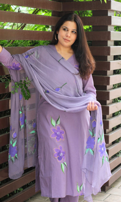 Cotton Handbrush Purple Suit Set with Chiffon Handbrush Dupatta - Baareeki