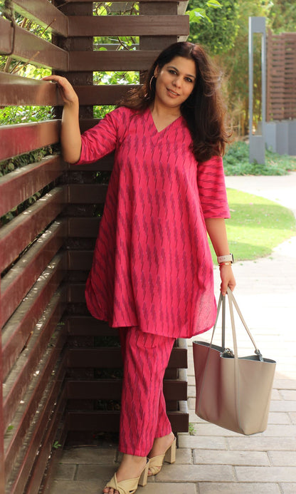 Cotton Handloom Ikat Hot Pink Coord Set - Baareeki