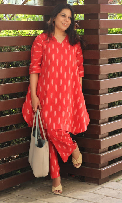 Cotton Handloom Ikat Pretty Red Coord Set - Baareeki