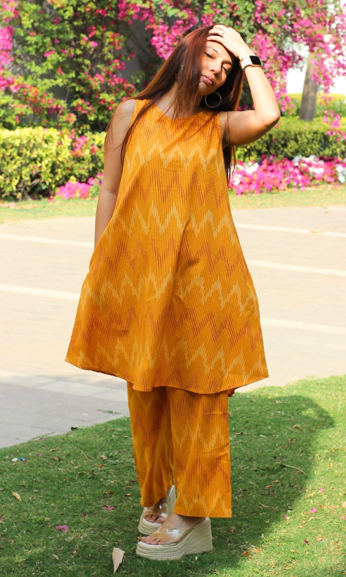 Cotton Handloom Ikat Sunny Yellow Sleeveless Coord Set - Baareeki