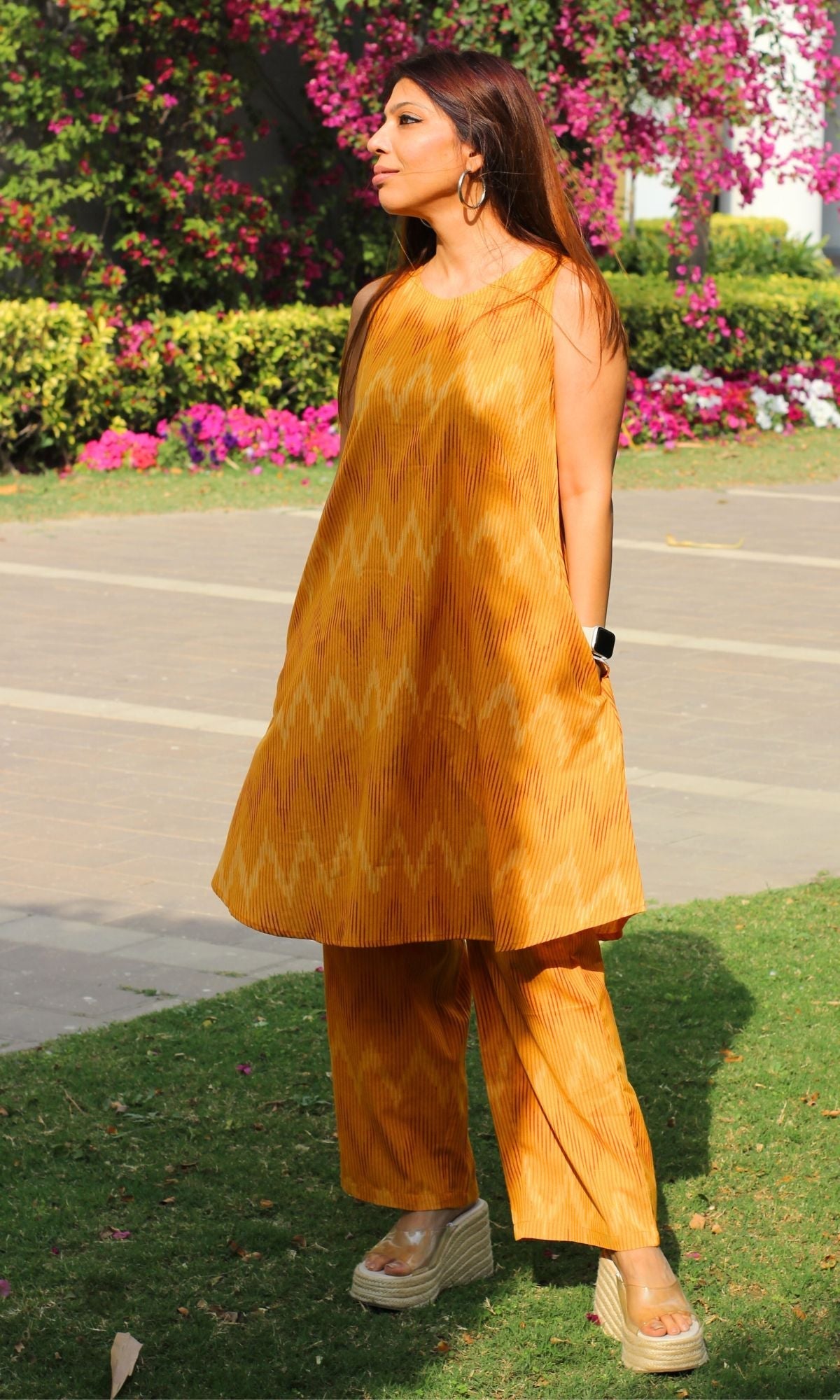 Cotton Handloom Ikat Sunny Yellow Sleeveless Coord Set - Baareeki