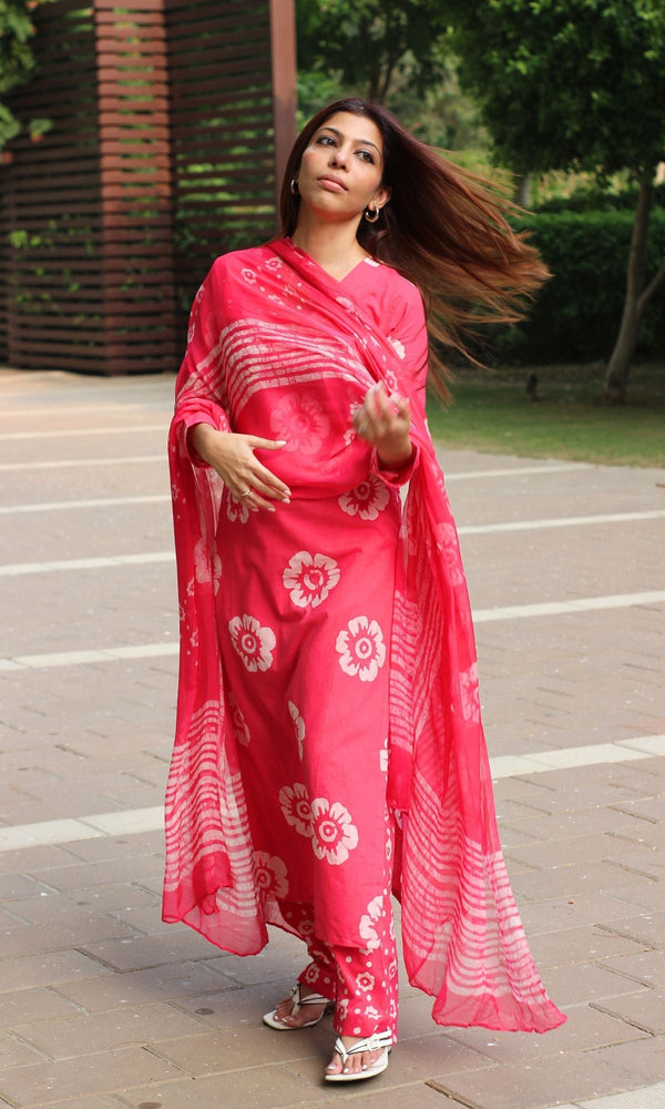 Cotton Hot Pink Batik Print Suit Set with Chiffon Printed Dupatta - Baareeki